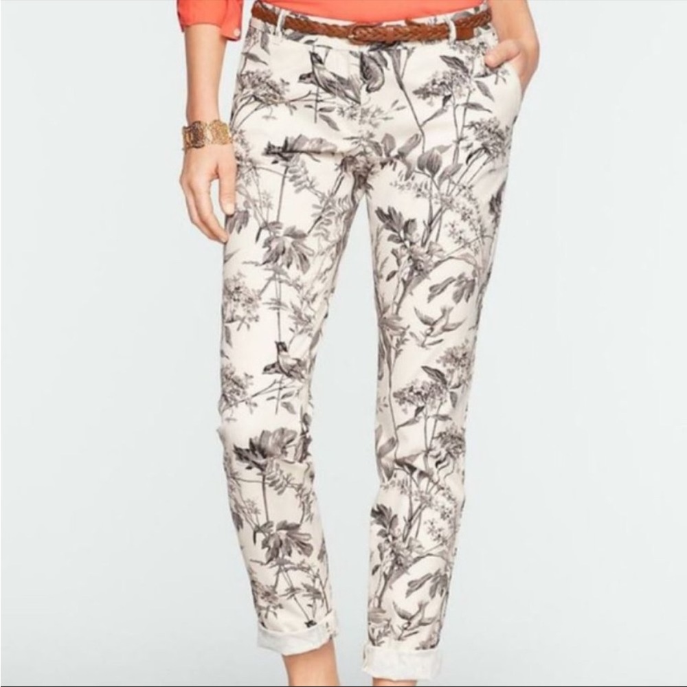 Talbots The Weekender Toile Pants Floral Birds Cream Gray Size 14P